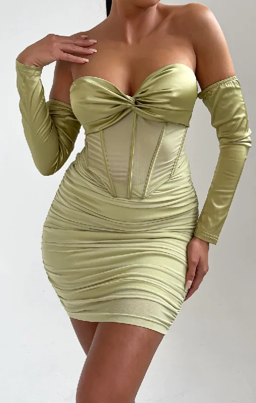 Sage Off The Shoulder Cup Detail Mesh Mini Dress - Karina