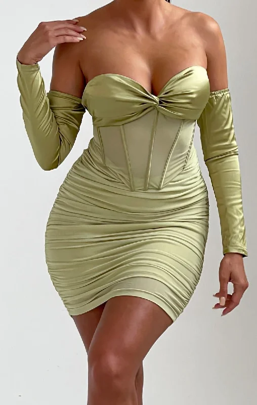 Sage Off The Shoulder Cup Detail Mesh Mini Dress - Karina