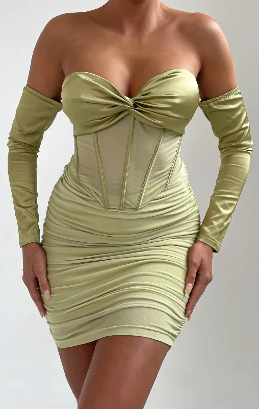 Sage Off The Shoulder Cup Detail Mesh Mini Dress - Karina