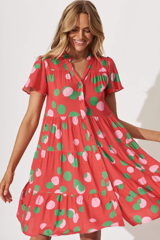 Saldana Smock Dress In Red With Green Spot Print