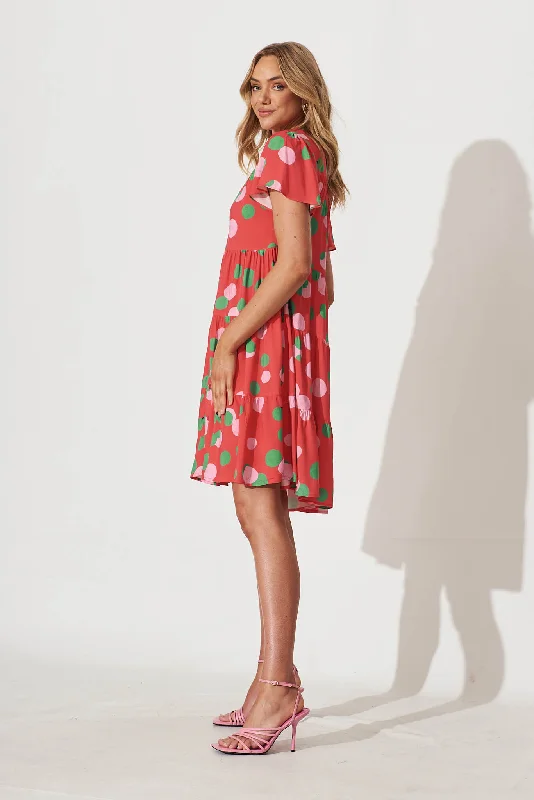 Saldana Smock Dress In Red With Green Spot Print