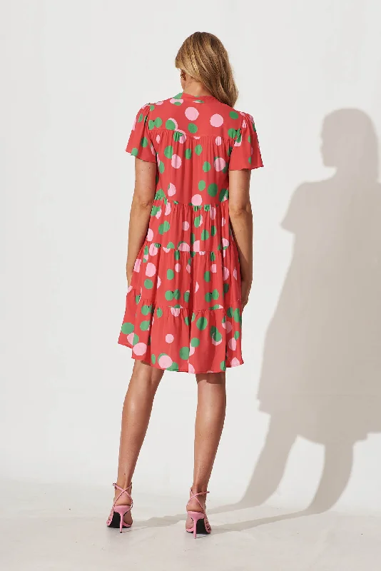 Saldana Smock Dress In Red With Green Spot Print