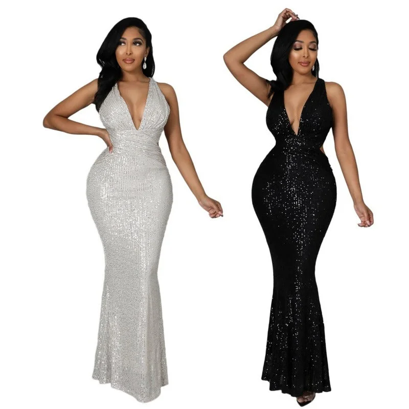 Sexy Backless Prom Evening Dresses. for Women 2023 Deep V Neck Elegant Halter Party Dress Bodycon Maxi Sequin Dress Vestidos