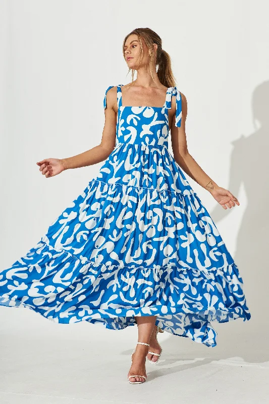 Shreya Maxi Dress In Blue With White Swirl Print