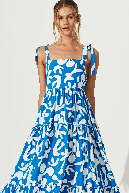 Shreya Maxi Dress In Blue With White Swirl Print