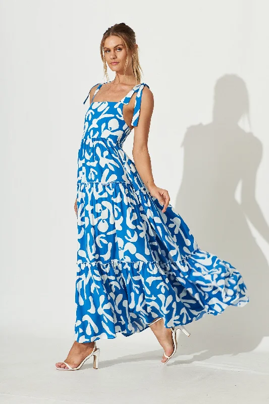 Shreya Maxi Dress In Blue With White Swirl Print