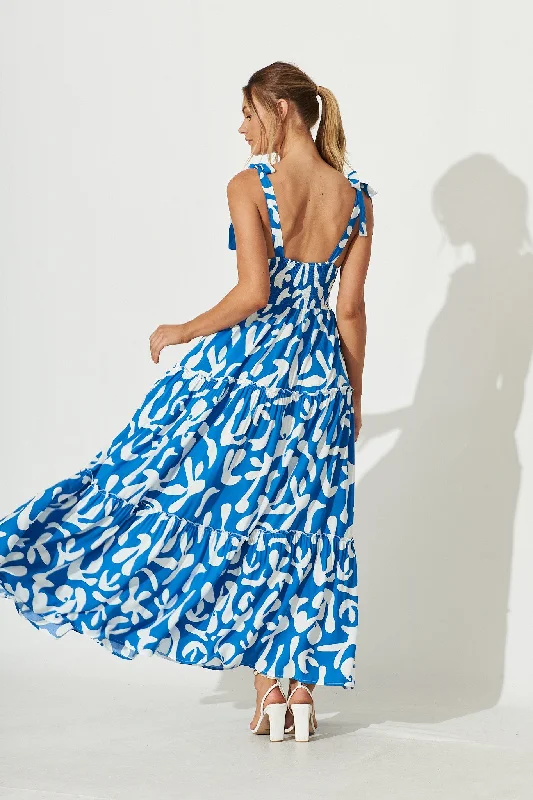 Shreya Maxi Dress In Blue With White Swirl Print