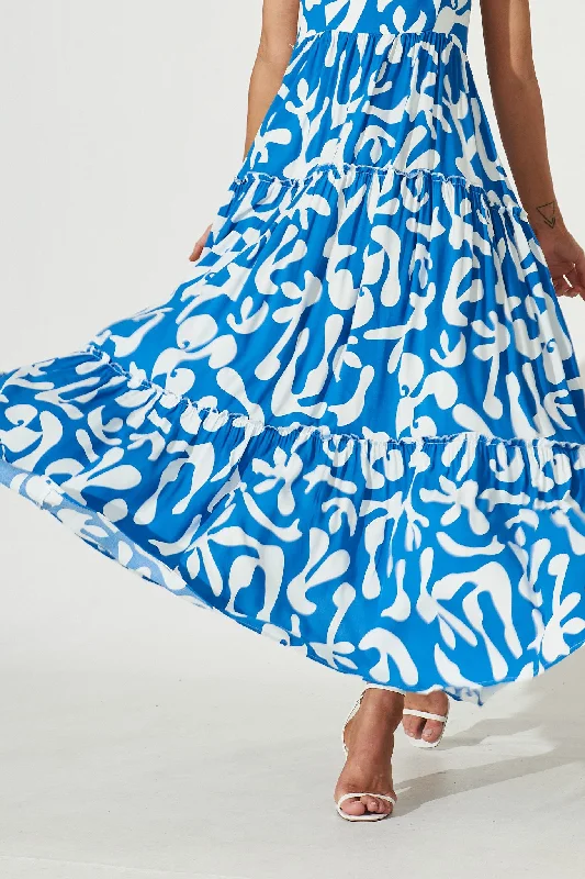 Shreya Maxi Dress In Blue With White Swirl Print