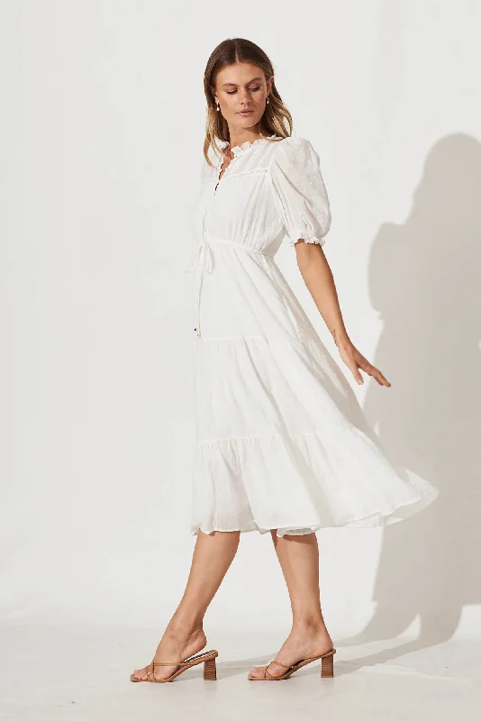 Sorena Midi Dress In White Cotton Swiss Dot