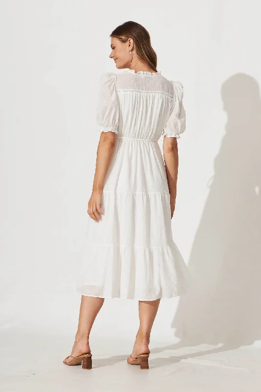 Sorena Midi Dress In White Cotton Swiss Dot