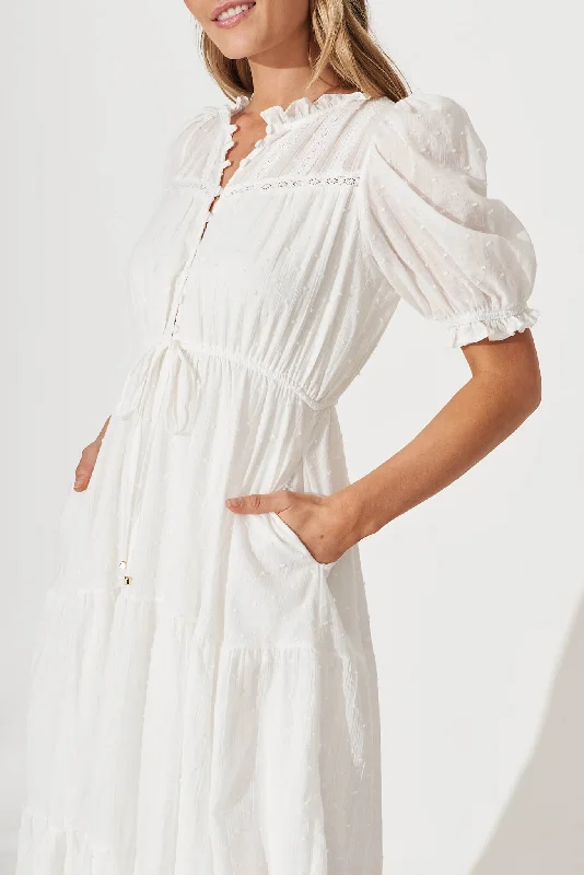 Sorena Midi Dress In White Cotton Swiss Dot