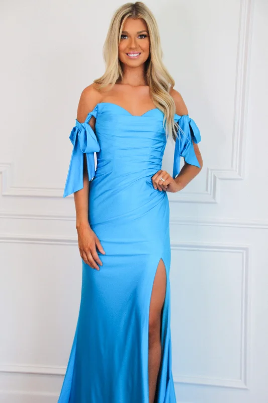 Southern Class Bow Sleeve Formal Dress: Ocean Blue