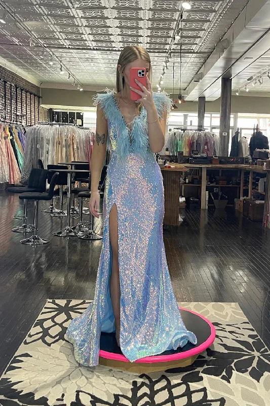 Sparkly Light Blue Mermaid Backless Long Feathered Prom Dress With Slit