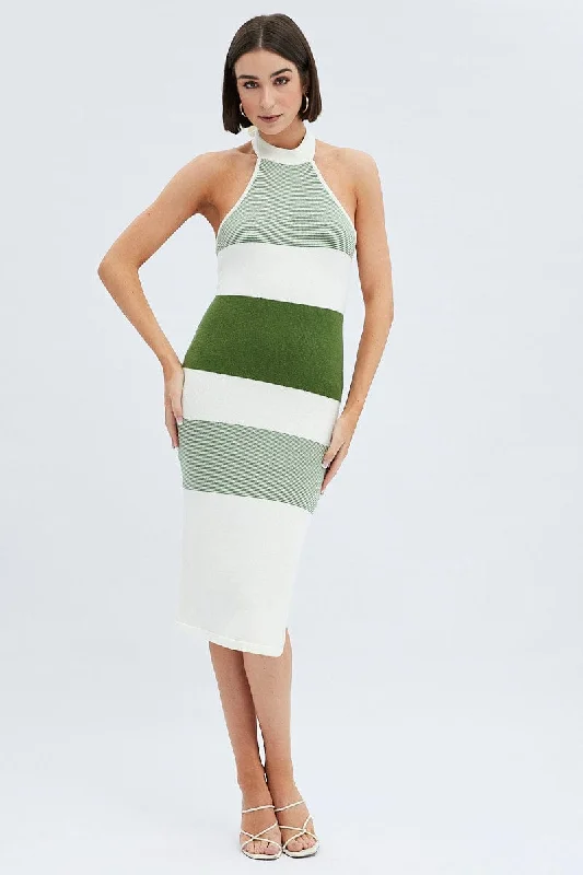 Stripe Knit Dress Evening Midi