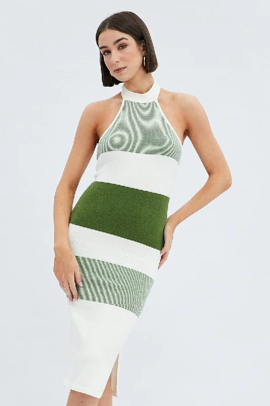 Stripe Knit Dress Evening Midi