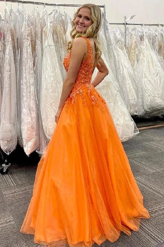 Stunning Orange A-Line V-Neck Long Tulle Appliques Prom Dress  PSK434