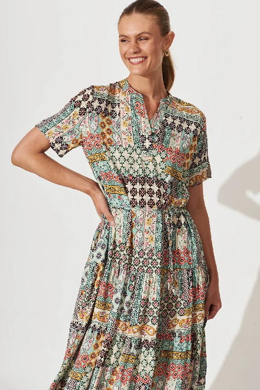 Sunbury Midi Dress In Sage Green Multi Patchwork