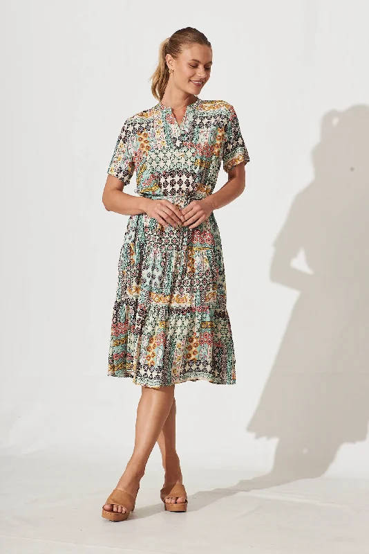 Sunbury Midi Dress In Sage Green Multi Patchwork