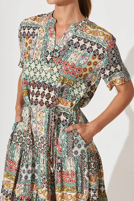 Sunbury Midi Dress In Sage Green Multi Patchwork