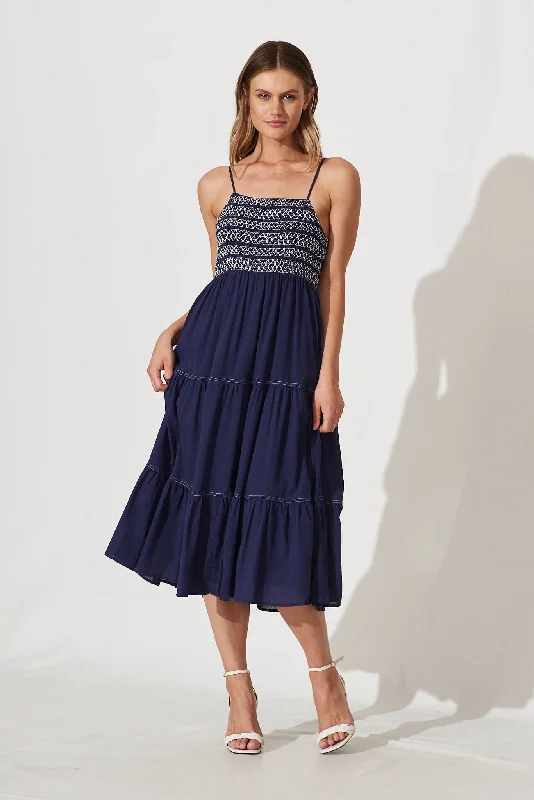 Sunseeker Midi Sundress In Navy Cotton