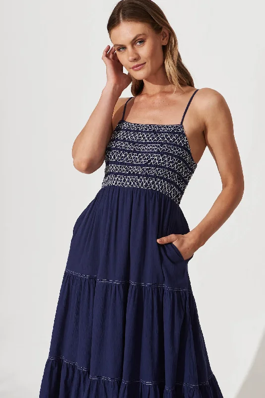 Sunseeker Midi Sundress In Navy Cotton