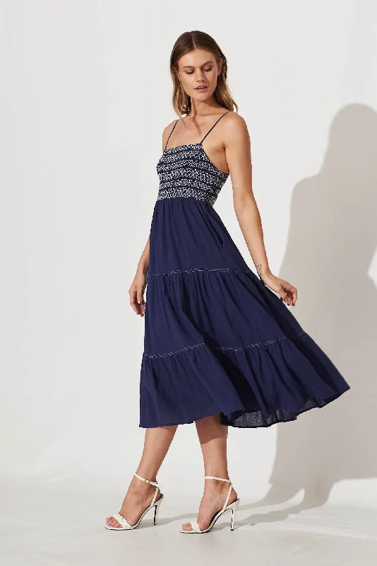 Sunseeker Midi Sundress In Navy Cotton