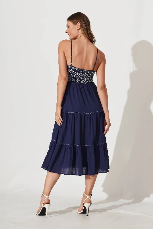 Sunseeker Midi Sundress In Navy Cotton