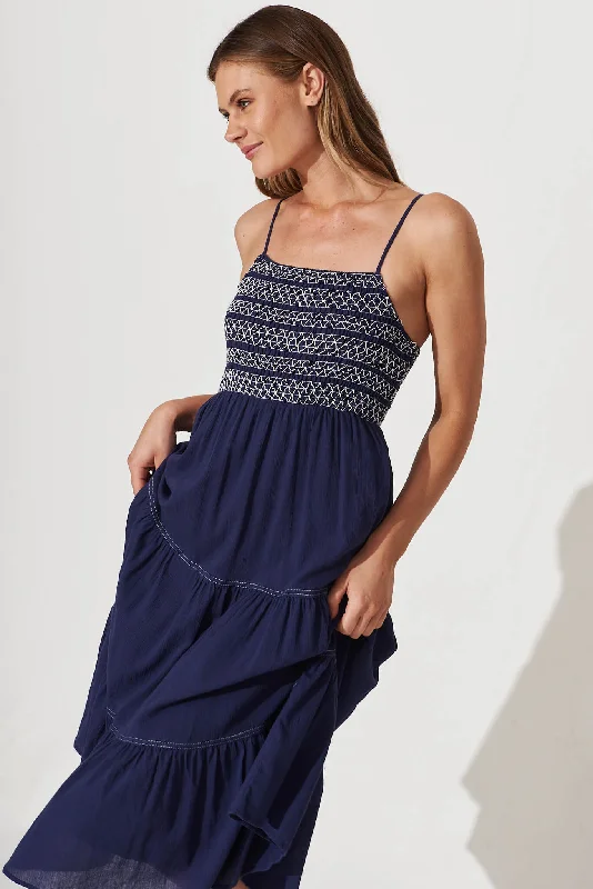 Sunseeker Midi Sundress In Navy Cotton