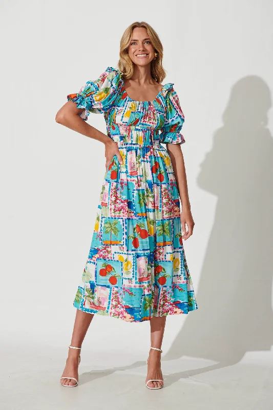 Truly Midi Dress In Patchwork Palm Print