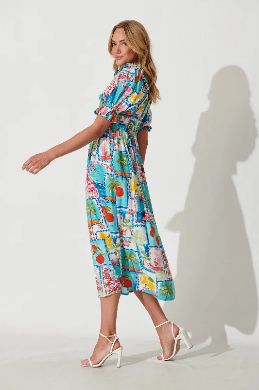 Truly Midi Dress In Patchwork Palm Print