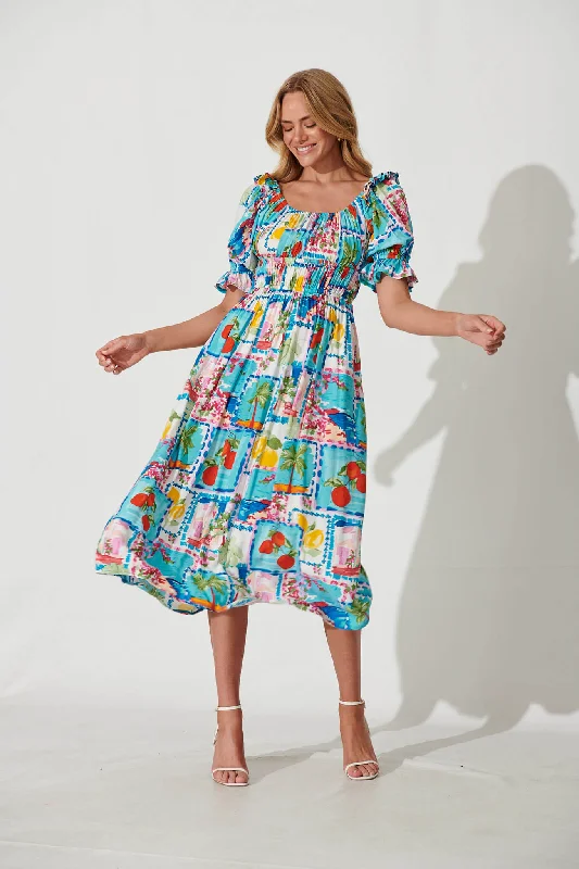 Truly Midi Dress In Patchwork Palm Print