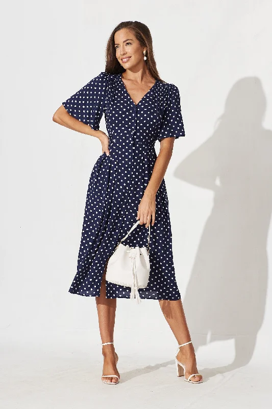 Truro Midi Dress In Navy With White Spot