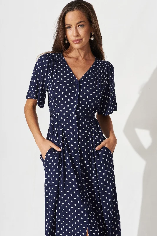 Truro Midi Dress In Navy With White Spot