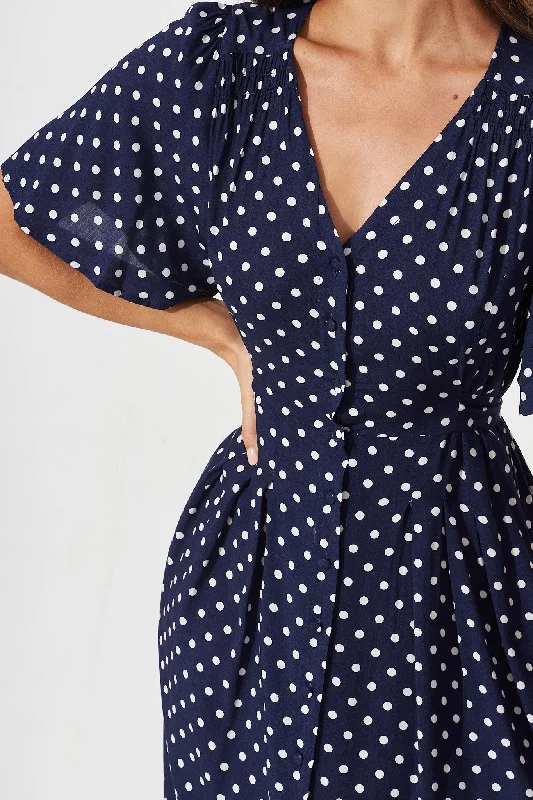 Truro Midi Dress In Navy With White Spot