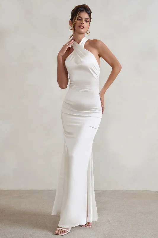 Unstoppable | White Satin Cross Over Halter Neck Maxi Dress