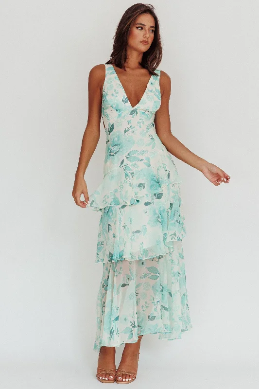 Veda Strappy Back Ruffle Maxi Dress Floral Green