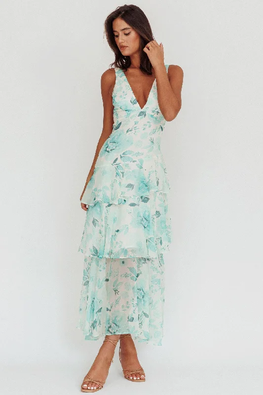 Veda Strappy Back Ruffle Maxi Dress Floral Green