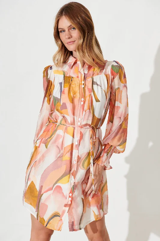 Venice Shirt Dress In White With Multi Apricot Floral