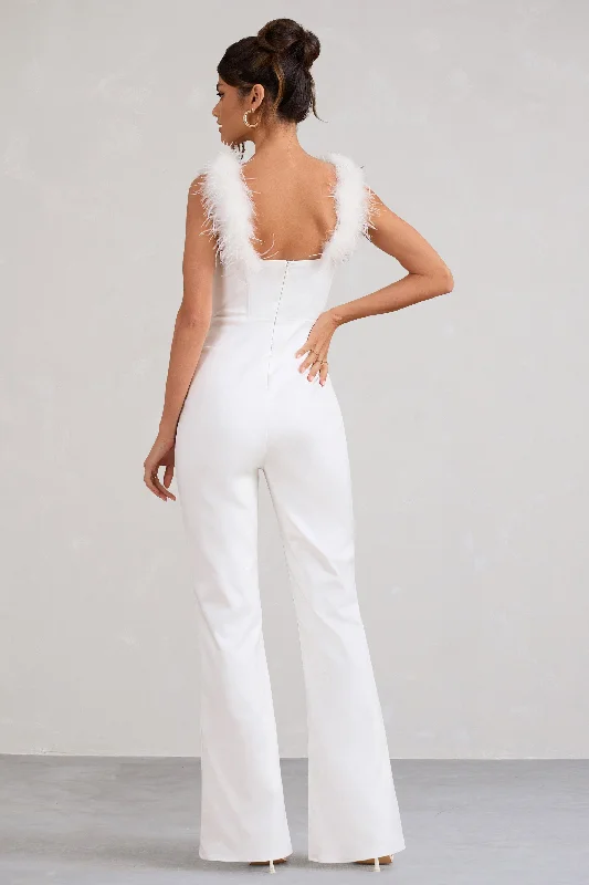 Verity | White Feather Shoulder Corset Style Jumpsuit