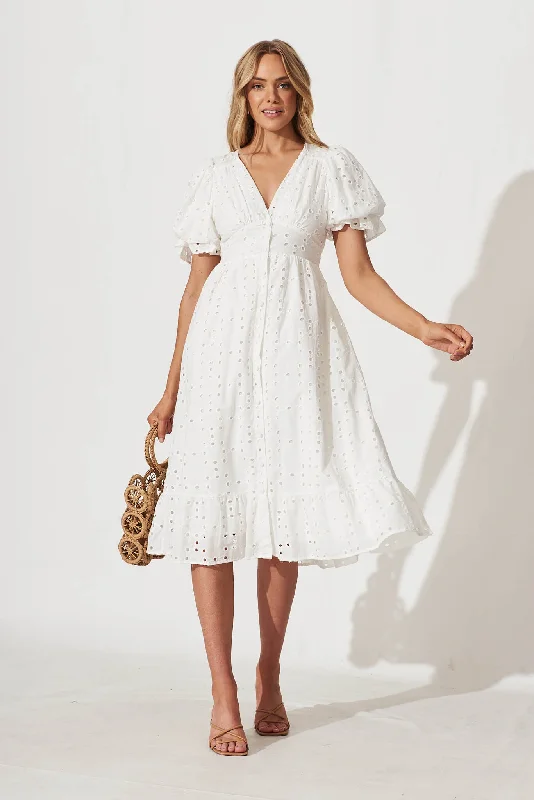 Victorian Midi Dress In White Cotton Broderie