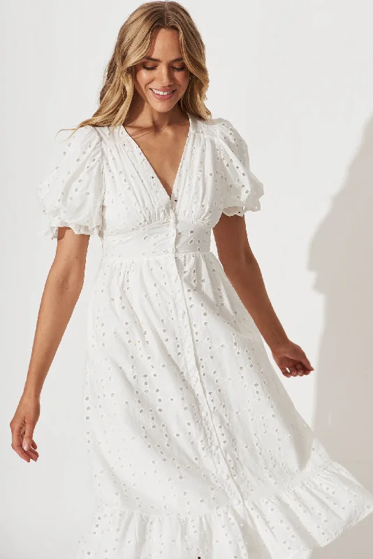 Victorian Midi Dress In White Cotton Broderie