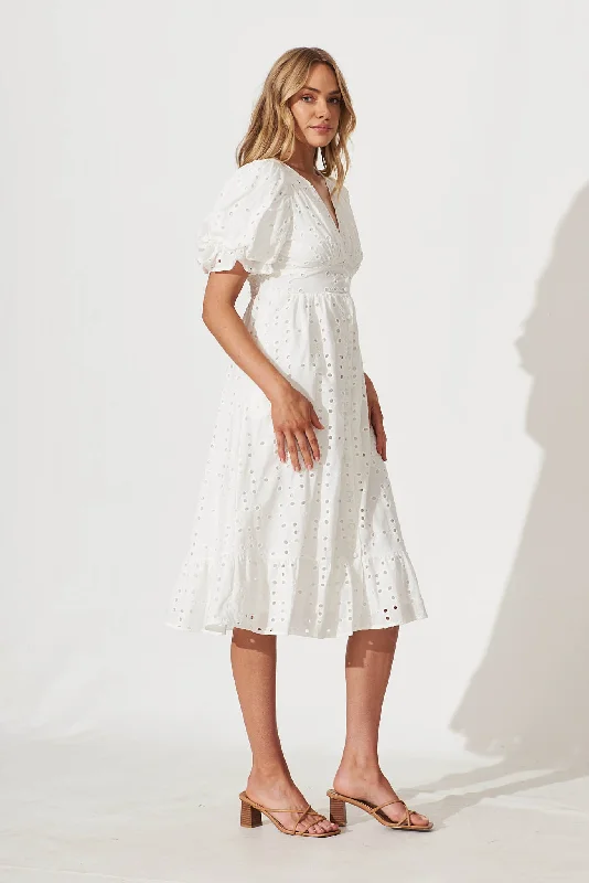 Victorian Midi Dress In White Cotton Broderie