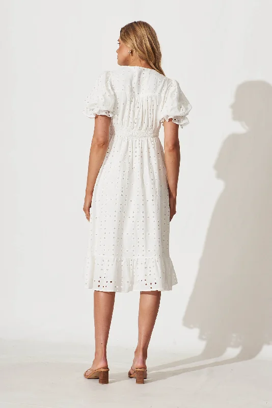 Victorian Midi Dress In White Cotton Broderie