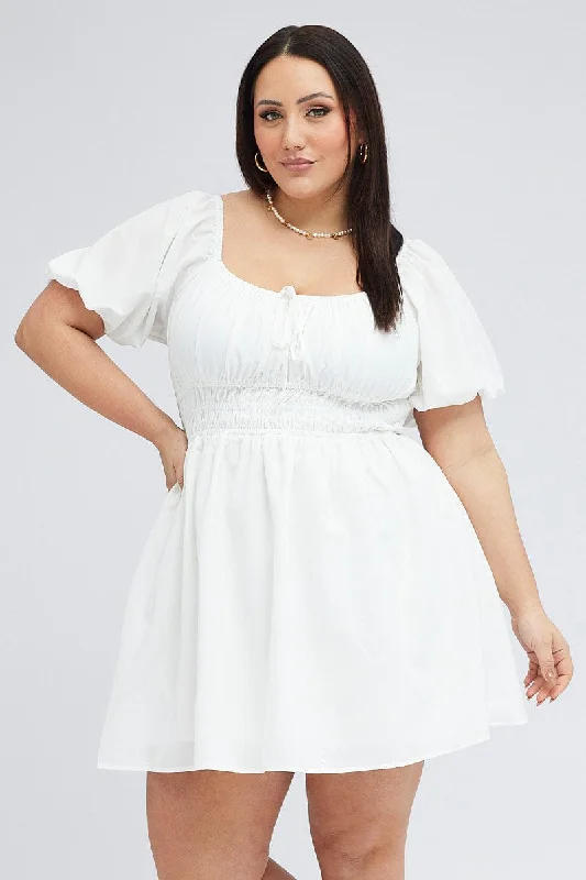 White Fit And Flare Dress Short Sleeve Shirred Waist