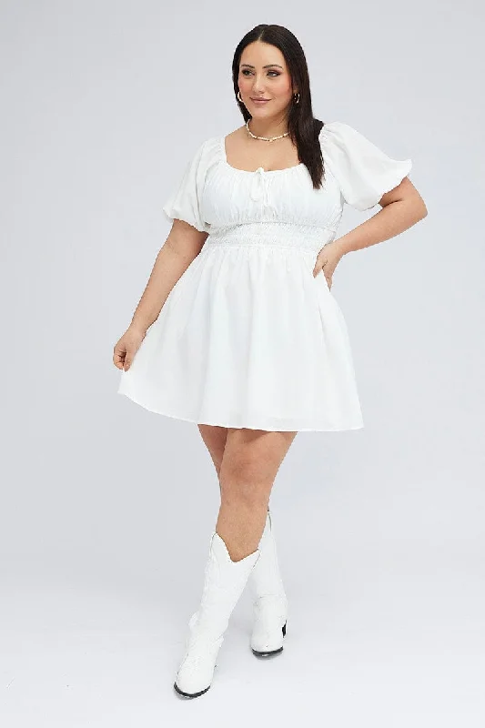 White Fit And Flare Dress Short Sleeve Shirred Waist