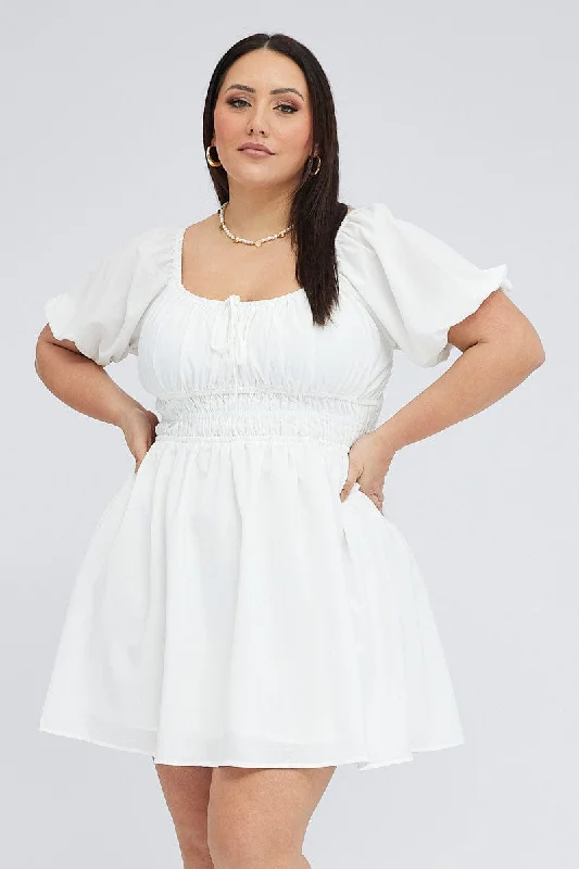 White Fit And Flare Dress Short Sleeve Shirred Waist