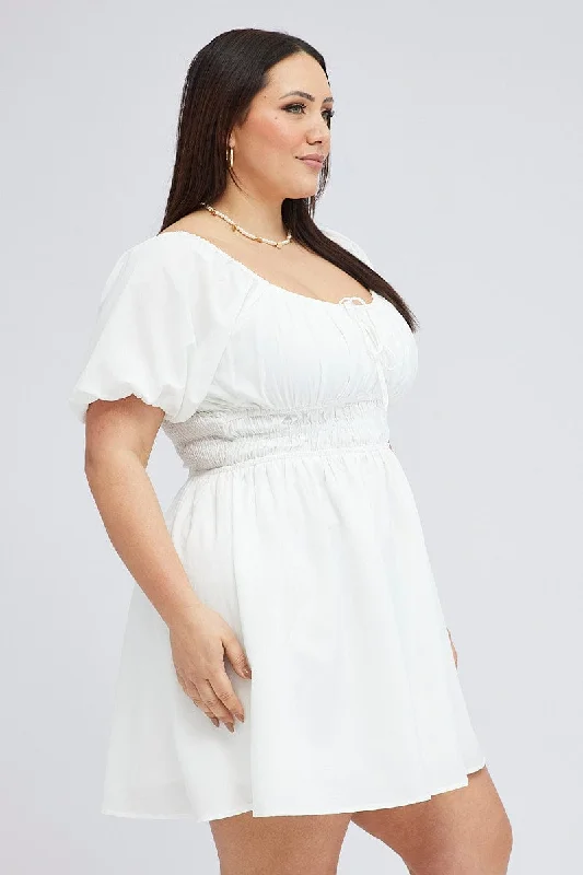 White Fit And Flare Dress Short Sleeve Shirred Waist