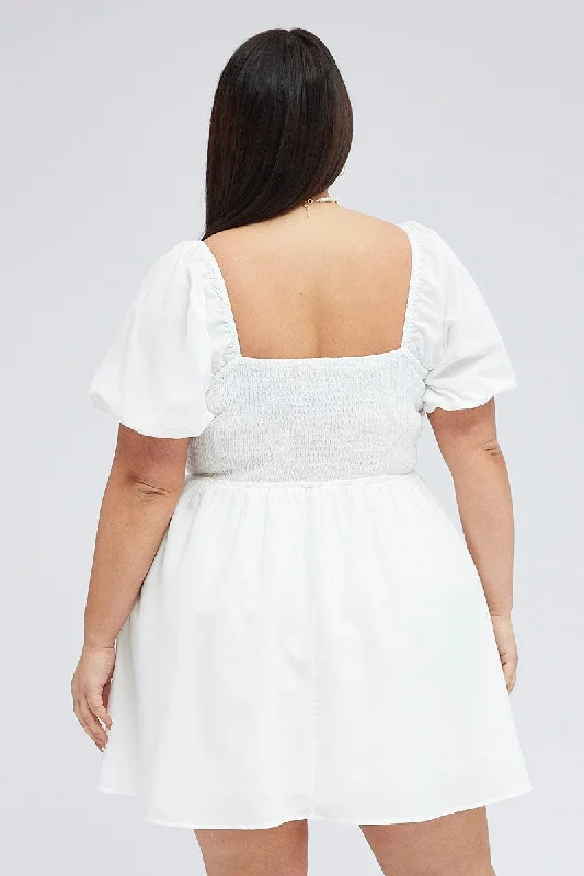 White Fit And Flare Dress Short Sleeve Shirred Waist