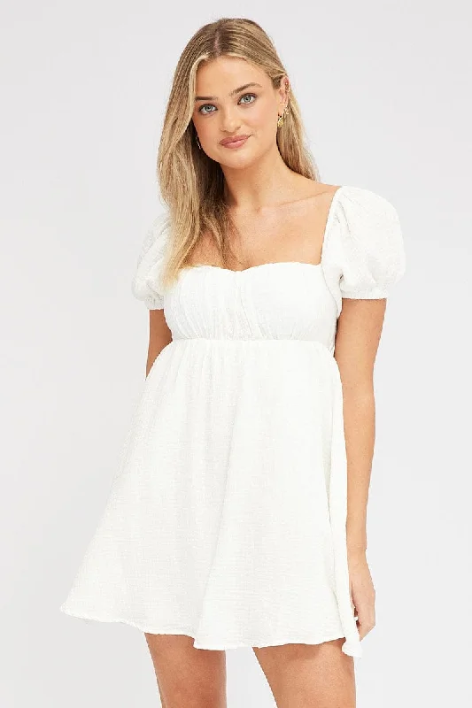 White Fit and Flare Dress Short Sleeve Tie Back Babydoll