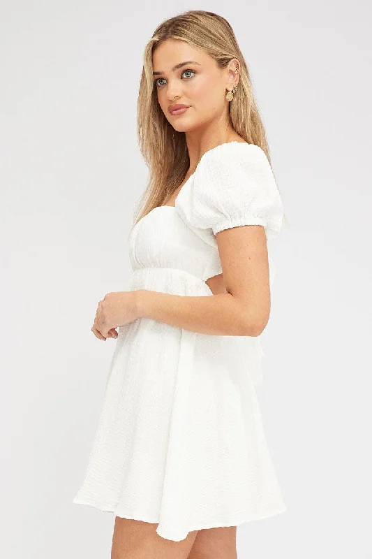 White Fit and Flare Dress Short Sleeve Tie Back Babydoll